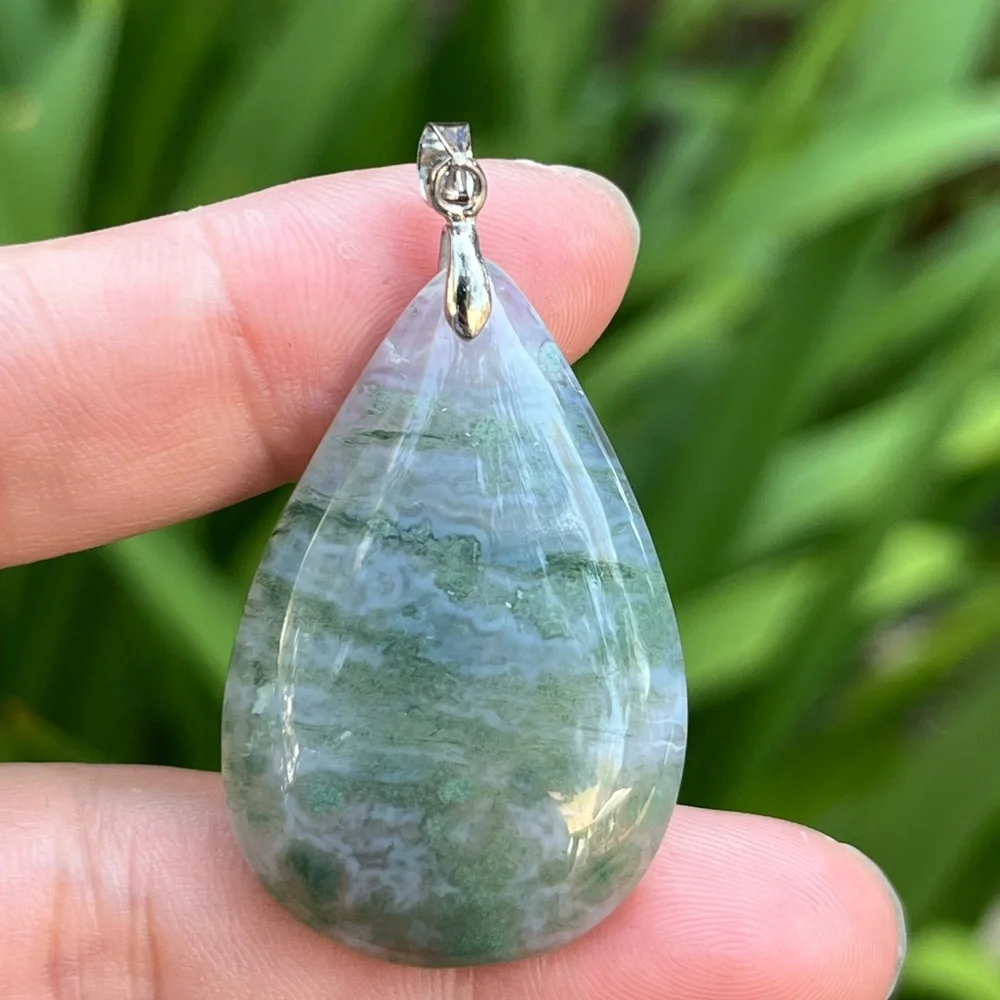Sterling silver 925 stamped teardrop moss agate pendant‎